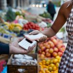 Eine Person hält ihr iPhone an ein Kartenlesegerät um etwas per Apple Pay zu bezahlen.