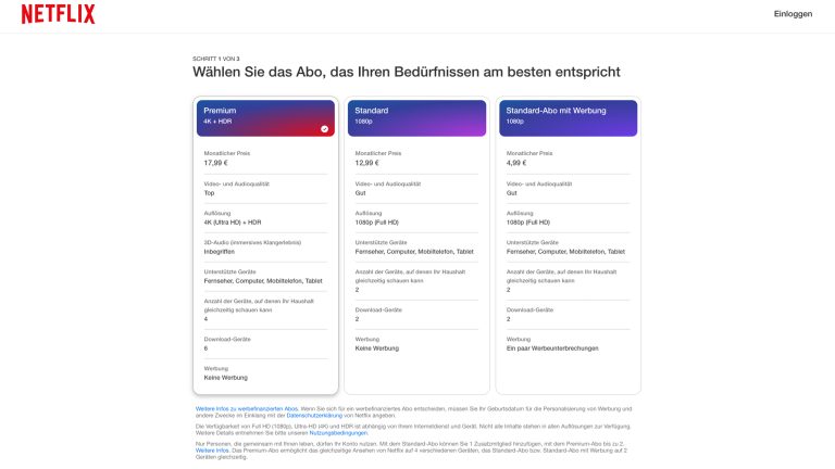 Mit ein paar Werbeunterbrechungen kannst du den Preis für das Standard-Abo um mehr als die Hälfte reduzieren. Eine Übersicht der 3 Abo-Modelle von Netflix: Premium, Standard und Standard mit Werbung.