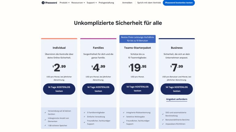 1Password bietet Abo-Modelle für nahezu jeden Bedarf Screenshot vom 1Password Passwort-Manager (Abo-Modelle)