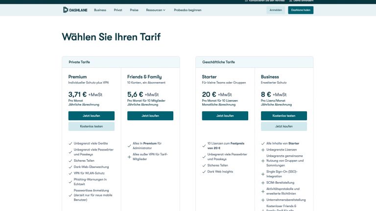 Vergleichen lohnt sich: Der Funktionsumfang von Dashlane kann sich sehen lassen Screenshot vom Dashlane Passwort-Manager (Abo-Modelle)