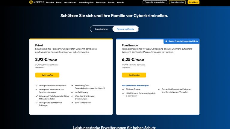 Keeper bietet keine kostenlose Alternative, aber verschiedene Abo-Modelle Screenshot vom keeper Passwort-Manager (Abo-Modelle)