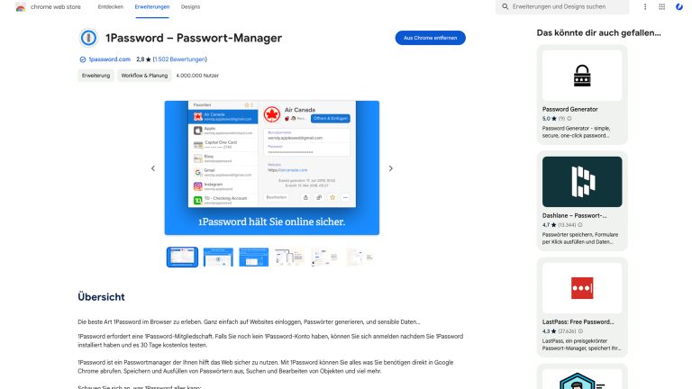 Der Funktionsumfang hängt immer vom jeweiligen Abo-Modell от Screenshot eines Chrome Browsers auf dem 1Password im Chrome Web Store geöffnet ist.