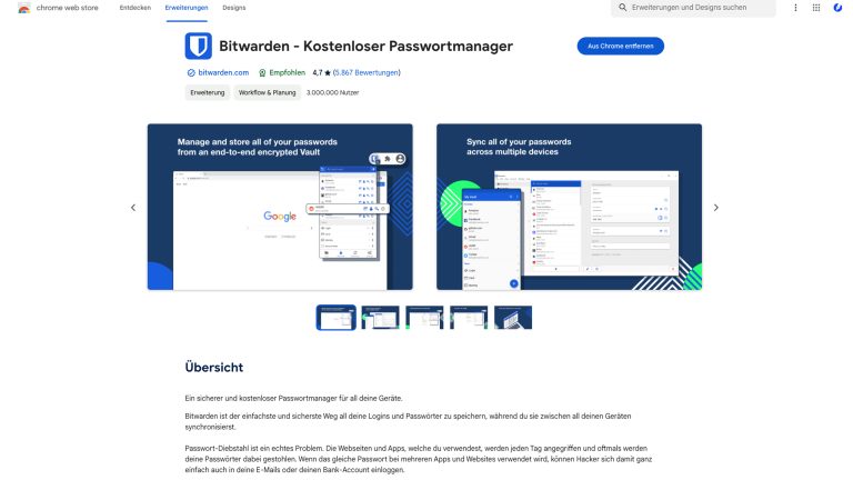 Auch die passende Erweiterung für deinen Browser ist schnell gefunden Screenshot eines Chrome Browsers auf dem Bitwarden im Chrome Web Store geöffnet ist.