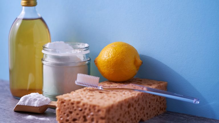 Vor einem hellblauen Hintergrund stehen von links eine kleine Flasche Essig, ein offenes Schraubglas mit Backpulver und einer kleinen Schaufel mit Backpulver drin davor und ein brauner Schwamm, auf dem eine Zahnbürste und eine Zitrone liegen.