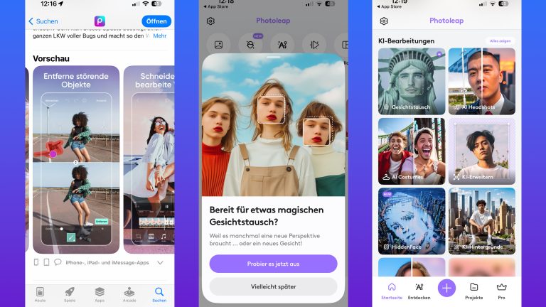 Wisch und weg – mit KI-gestützten Tools wie Photoleap gelingt Bildbearbeitung im Handumdrehen Screenshots, die einige Funktionen der Bildbearbeitungsapp Photoleap zeigen.