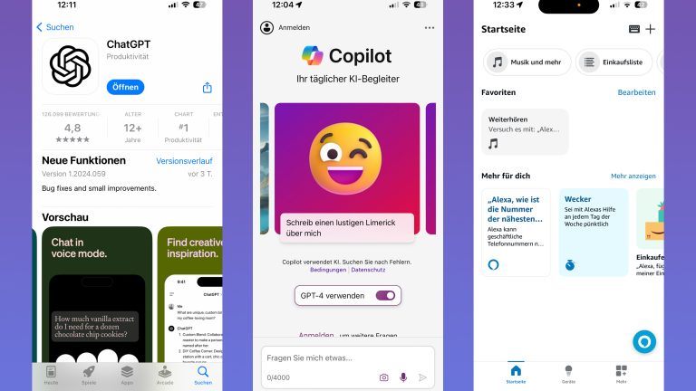 Jederzeit einsatzbereit – Deine digitalen Helfer ChatGPT, Copilot, Alexa und Co. Screenshots der iOS Apps von ChatGPT, Copilot und Amazon Alexa.