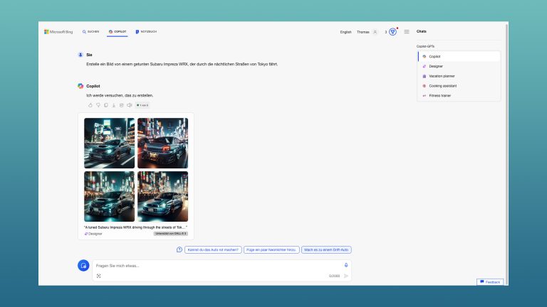 MJA_Copilot_Designer_cms Screenshot von Microsoft Copilot Designer, der Bilder von einem Auto bei Nacht erstellt hat.