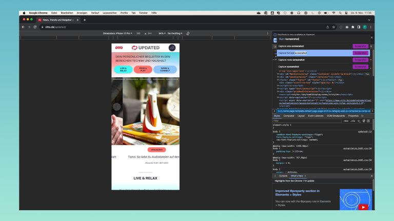 Screenshots ganzer Seiten: So klappt es bei iPhone, PC & Co. Screenshot der Auswahl von Kommandos in Chrome.