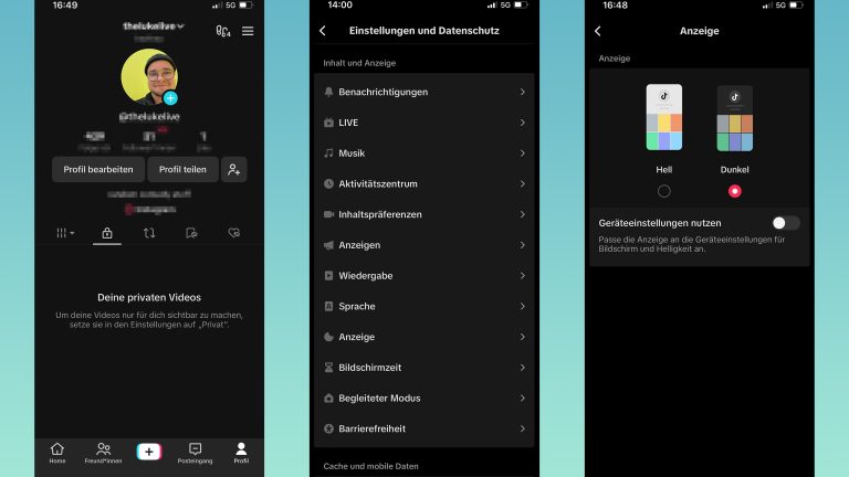 Drei Screenshots aus der TikTok-App: Profilseite, Einstellungen und Datenschutz, Anzeige-Einstellungen