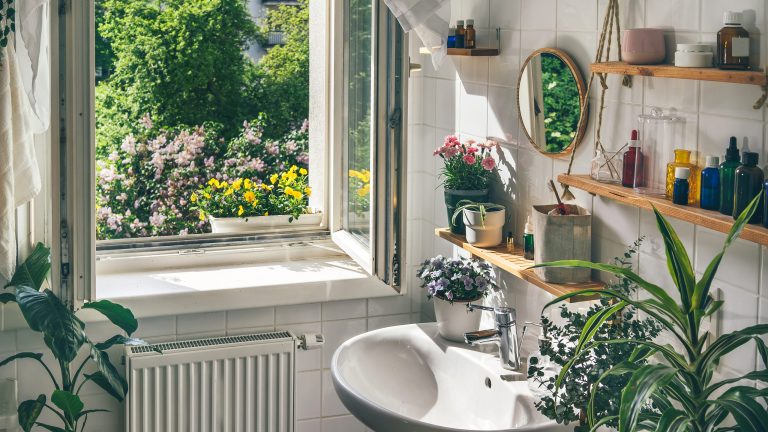 Schimmelfreies Bad: Silikonfugen reinigen leicht gemacht Blick in ein Bad mit vielen Pflanzen, in dem ein Fenster geöffnet ist.