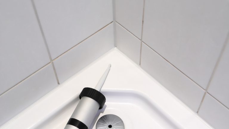 Schimmelfreies Bad: Silikonfugen reinigen leicht gemacht Eine Kartuschenpresse liegt in einer Dusche neben Silikonfugen.