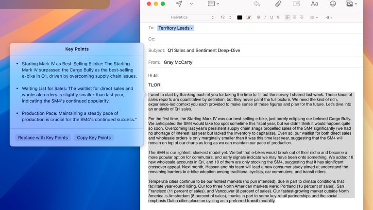 Ein Screenshot von einem Bildschirm mit macOS Sequoia mit einem offenen Mail-Fenster und einem Fenster mit Key Points aus denen eine Mail erstellt wurde Ein Screenshot von einem Bildschirm mit macOS Sequoia mit einem offenen Mail-Fenster und einem Fenster mit Key Points aus denen eine Mail erstellt wurde.
