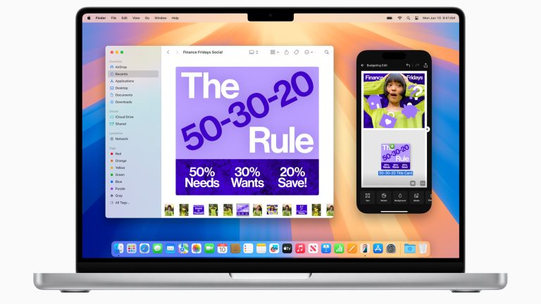 Ein Screenshot von einem Bildschirm mit macOS Sequoia mit einem offenen Finder-Fenster und einem gespiegelten iPhone-Bildschirm Ein Screenshot von einem Bildschirm mit macOS Sequoia mit einem offenen Finder-Fenster und einem gespiegelten iPhone-Bildschirm.