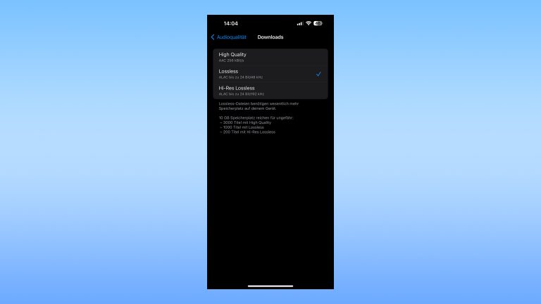 Screenshot der Einstellungen von Apple Music, in denen die Qualität von Downloads zu sehen ist Screenshot der Einstellungen von Apple Music, in denen die Qualität von Downloads zu sehen ist.