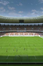 Blick in ein großes Fußballstadion.