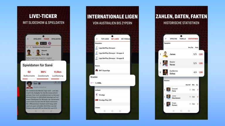 Drei Screenshots der kicker-App, auf denen unterschiedliche Informationen zu Spielern und mehr zu sehen sind Drei Screenshots der kicker-App, auf denen unterschiedliche Informationen zu Spielern und mehr zu sehen sind.
