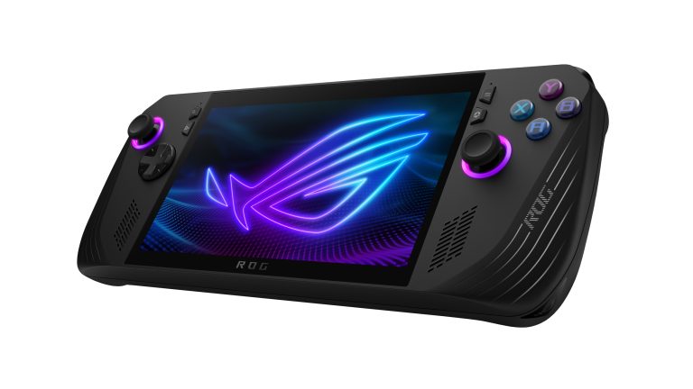 ROG Ally X,  Pro-Варианты des Handheld ist da Das ROG Ally X in Schwarz vor weißem Hintergrund.