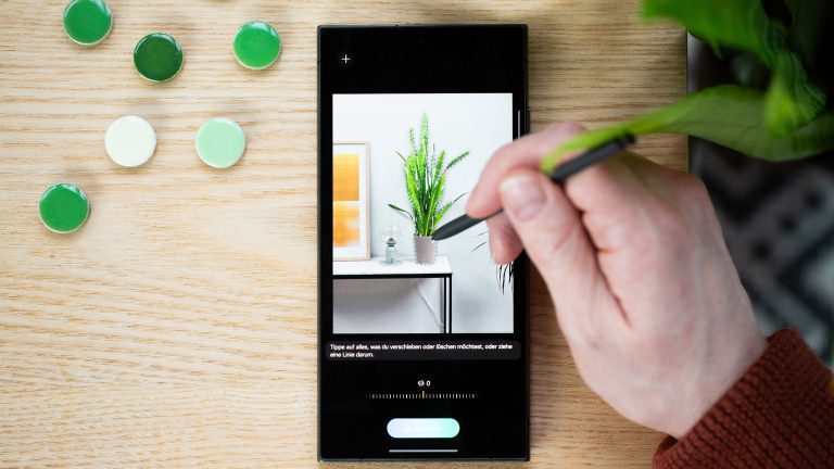 Eine Person kreist mit dem S-Pen auf einem Samsung Galaxy S24 Ultra eine Pflanze ein.