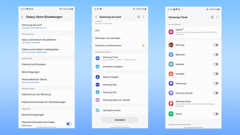 Samsung-Account, So erstellst oder löschst du ihn, Screenshot Drei Screenshots der Einstellungen zum Galaxy Store, dem Samsung Account und der Samsung Cloud.