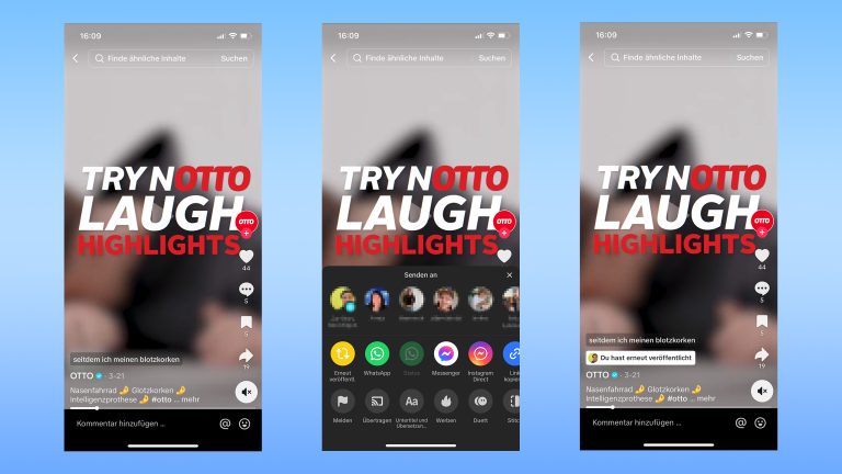 Drei Screenshots von TikTok, die zeigen, wie ein Repost gelingt und wie er gekennzeichnet wird Drei Screenshots von TikTok, die zeigen, wie ein Repost gelingt und wie er gekennzeichnet wird.