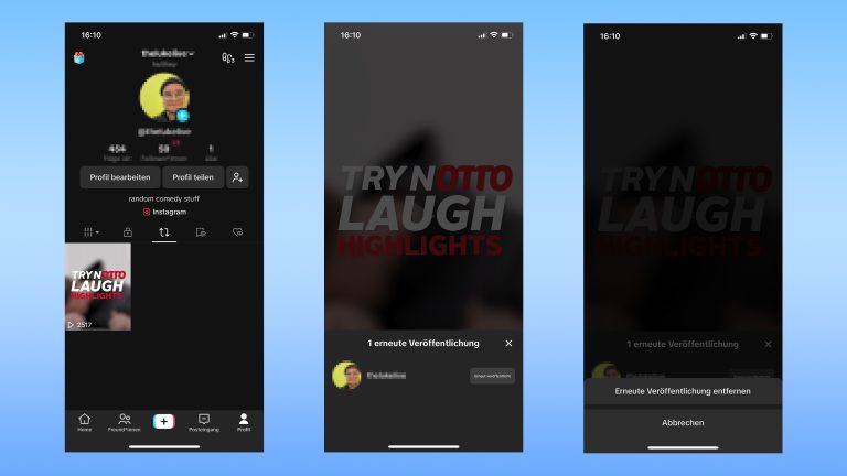 Drei Screenshots von TikTok, die zeigen, wie ein Repost wieder entfernt wird Drei Screenshots von TikTok, die zeigen, wie ein Repost wieder entfernt wird.