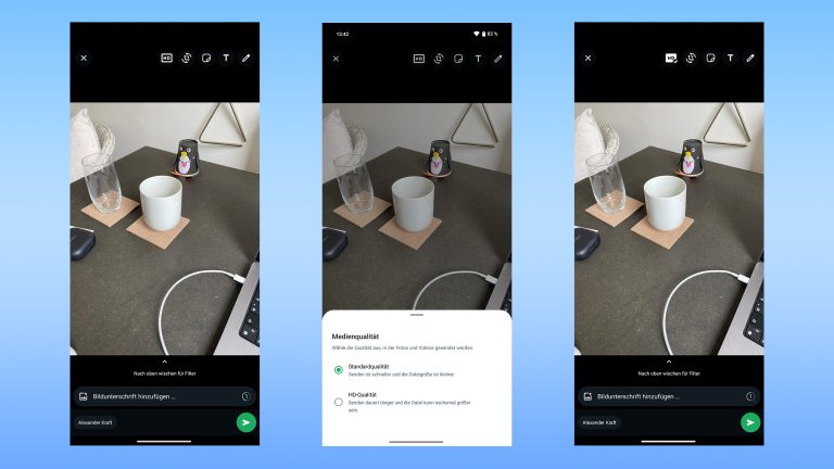 Fotos versenden auf WhatsApp, Screenshot Screenshots vom Versenden eines Fotos, für das die hohe Qualität eingestellt wird.