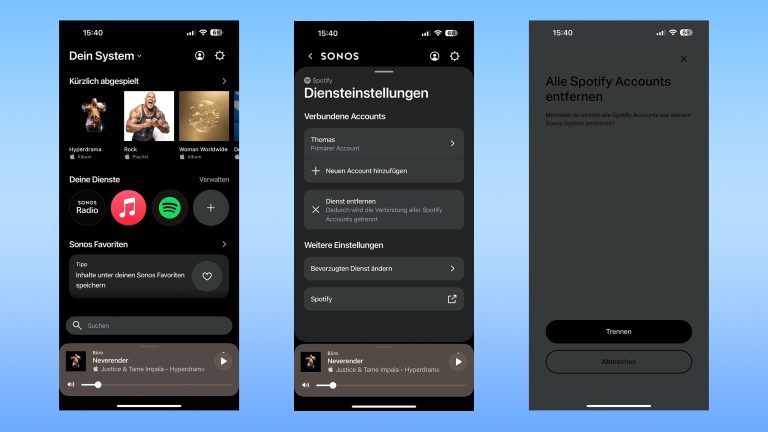 Spotify auf Sonos entfernen, Screenshot Drei Screenshots aus der Sonos-App auf der das Entfernen von einem Spotify-Account zu sehen ist.