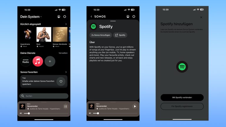 Spotify auf Sonos hinzufügen, Screenshot Drei Screenshots aus der Sonos-App, auf denen das Hinzufügen von einem Spotify-Account zu sehen ist.