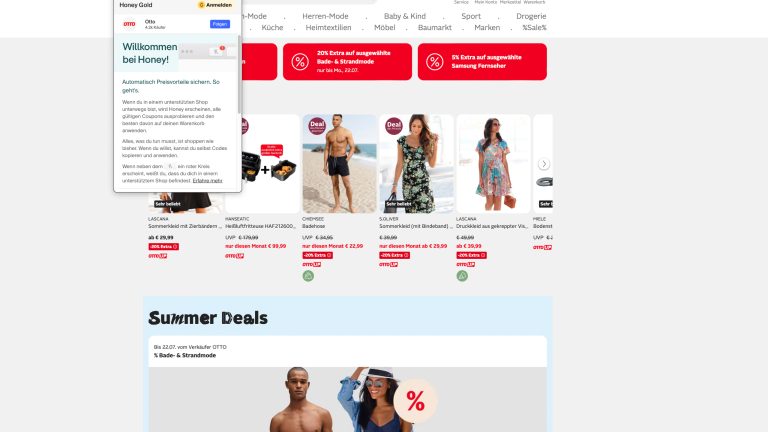 Safari-Erweiterungen, Praktische Tools für deinen Apple-Browser Screenshot von otto.de im Safari-Browser mit aktivierter PayPal-Honey-Erweiterung.