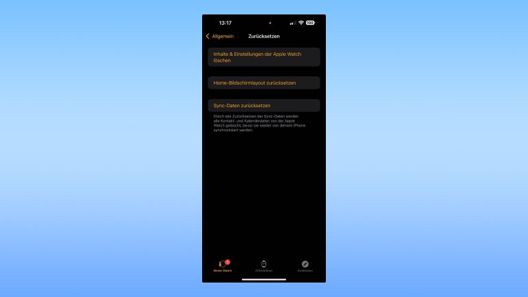 Apple Watch entkoppeln, Diese Möglichkeiten hast du Screenshot aus der Apple-Watch-App, der die Optionen zum Zurücksetzen der Uhr zeigt.