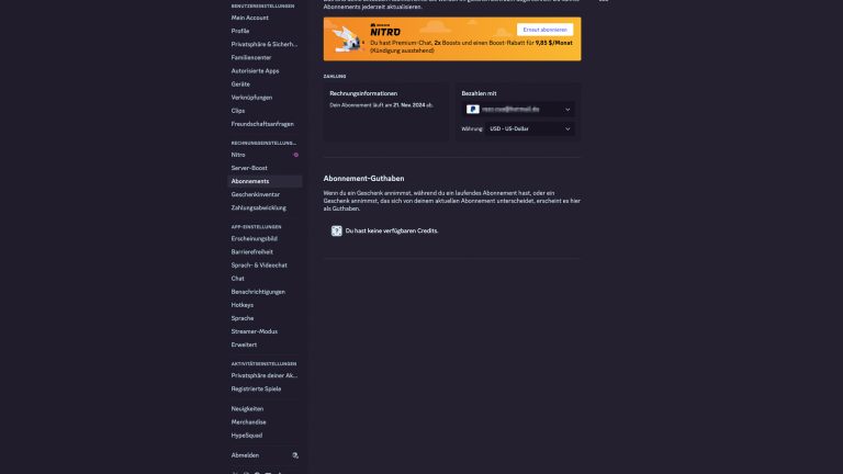 Discord Nitro kündigen Screenshot der Abo-Verwaltung in der Discord-App.