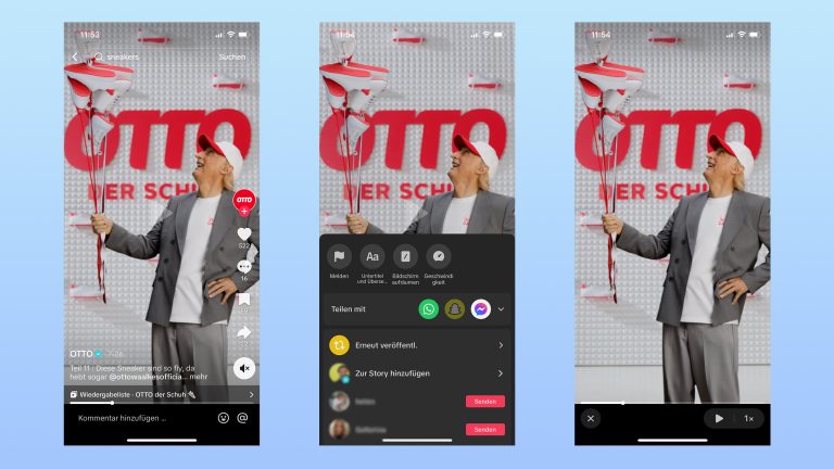 Clear Mode Tiktok, So erreichst du den aufgeräumten Look Drei Screenshots: Einer von einem Video des Kanals OTTO, einer von dem geöffneten Menü als Overlay und ein dritter vom gleichen Video im Clear Mode.