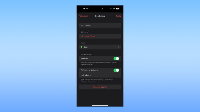 iPhone-Kalender teilen, Termine für andere freigeben Screenshot der Optionen für das öffentliche Teilen eines Apple-Kalenders.