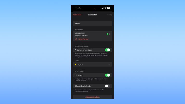 iPhone-Kalender teilen, Termine für andere freigeben Screenshot der Einstellungen für einen Kalender in Apple Kalender.