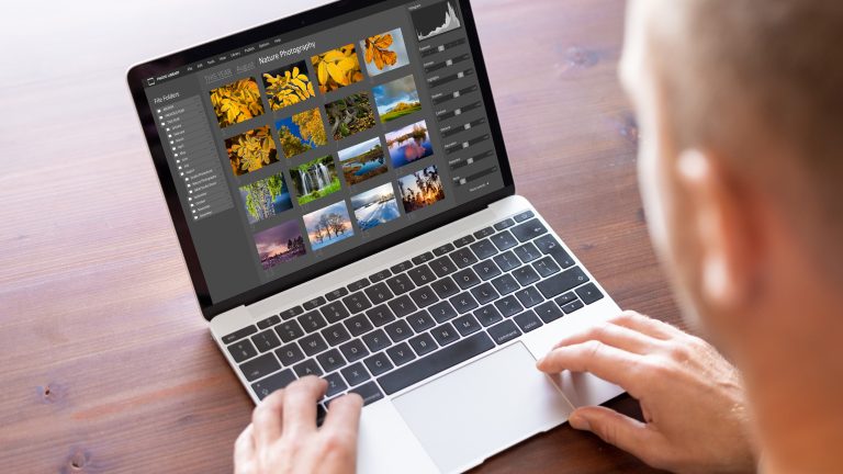RAW-Bilder bearbeiten, Tipps und Programme Eine Person sitzt vor einem Laptop, darauf ist ein Blidbearbeitungsprogramm zu sehen.