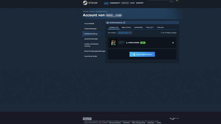 Steam Family Sharing, So richtest du eine Familienbibliothek ein Screenshot der Familien-Verwaltung bei Steam im Browser.