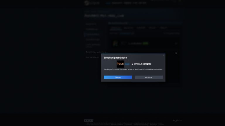 Steam Family Sharing, So richtest du eine Familienbibliothek ein Screenshot der Einladung zu einer Steam-Familie über Steam im Browser.