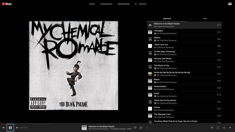 YouTube Music NEU Screenshot der Musikwiedergabe von YouTube Music mit dem Album The Black Parade von My Chemical Romance.