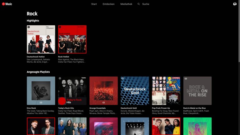 YouTube Music NEU Screenshot der Genre-Übersicht für Rock bei YouTube Music.