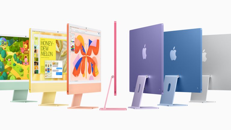Apple iMac M4 Der neue iMac M4 in den vier Farben Grün, Gelb, Orange, Pink, Violett, Blau und Silber.