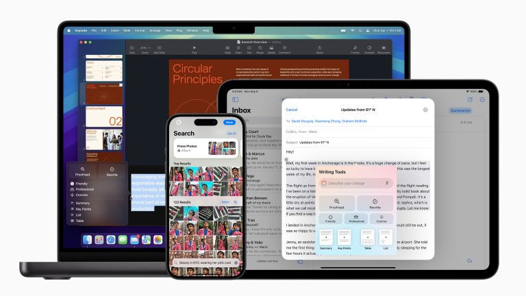 Apple Intelligence, So nutzt du die KI-Funktionen Ein MacBook, ein iPad und ein iPhone sind hintereinander vor einem weißen Hintergrund angeordnet.