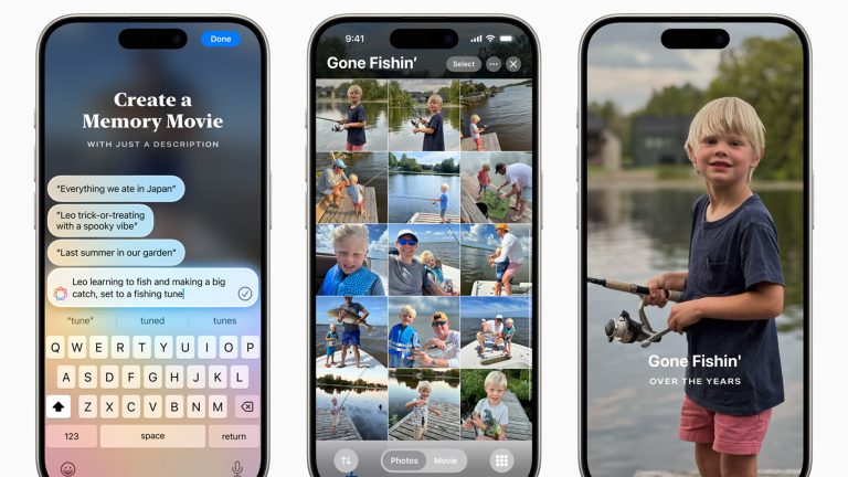 Apple Intelligence, So nutzt du die KI-Funktionen Drei iPhones nebeneinander, die zeigen, wie durch den Textbefehl „Create a Memory Video“Fotos zunächst angezeigt werden und anschließend ein Film erstellt wird.