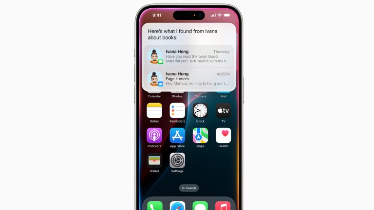 Apple Intelligence, So nutzt du die KI-Funktionen Frontansicht eines iPhones. Im oberen Drittel des Displays erscheinen Sirivorschläge über vergangene Gespräche über Buchempfehlungen.