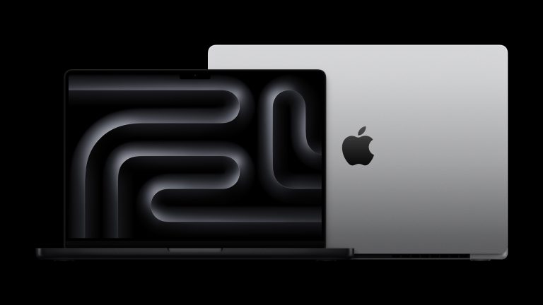 MacBook Pro (2024), Mit Apples neuem M4 Max in MacBook Pro 14 Zoll und ein MacBook Pro 16 Zoll stehen Rückseite an Rückseite.