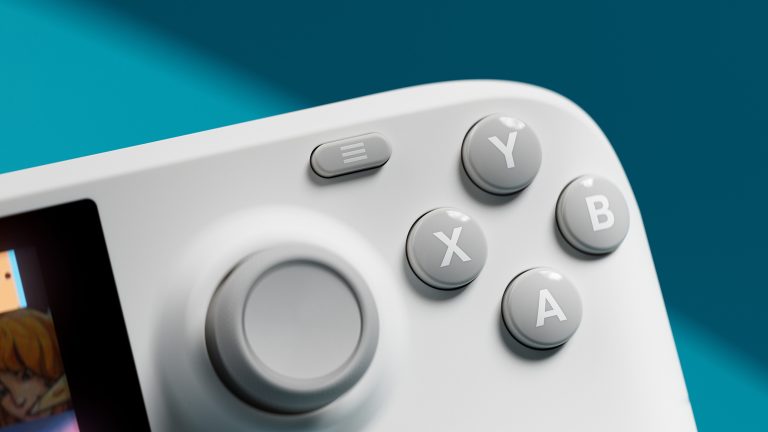 Steam Deck weiß 2024 Detailansicht der Buttons und Sticks an einem Steam Deck OLED in weißer Farbe.