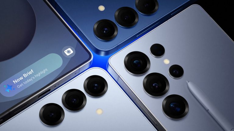 Samsung Galaxy S25 Vier Galaxy-S25-Smartphones. Auf einem Ultra ist der S Pen zu sehen. Auf einem anderen die neue Gemini-Integration.