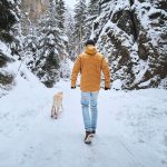 Eine Person läuft auf einem schneebedeckten Waldweg mit einem Hund spazieren und ist dabei winterlich gekleidet.