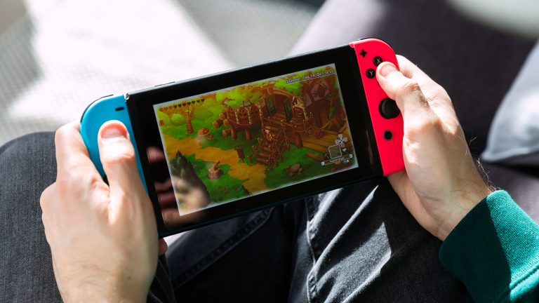 Eine Person hält eine Nintendo Switch in der Hand und spielt darauf ein Cozy Game.
