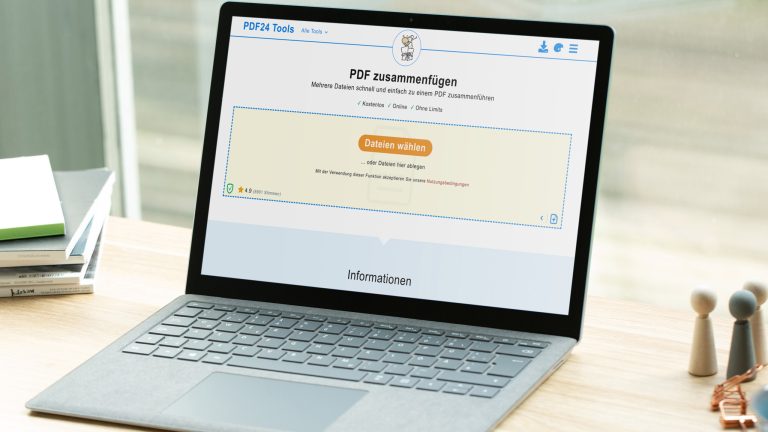PDFs zusammenfügen, So klappt es Auf einem MacBook Pro ist das geöffnete Tool von PDF24 zum Zusammenfügen von PDF-Dateien zu sehen.