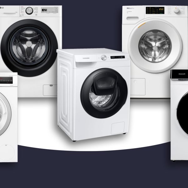 Frontlader-Waschmaschinen von Bosch, LG, Miele, Samsung und Hanseatic als Freisteller.